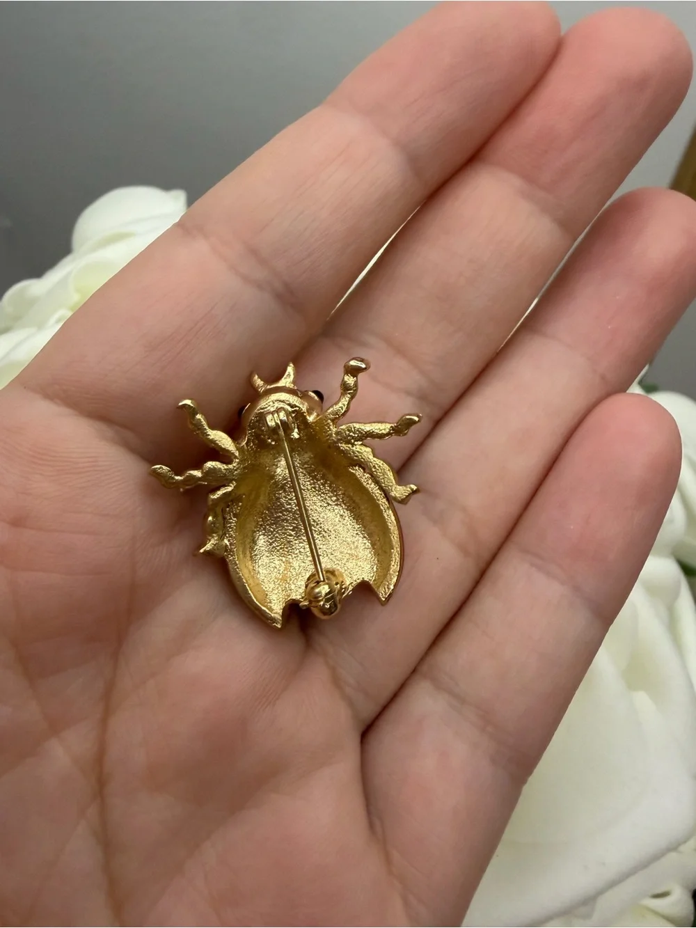 Vintage Gold-Tone Red Ladybug Brooch with Crystal Accents